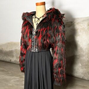 Dolls Kill Widow “Can’t Tame Me” faux fur crop teddy jacket black and red- XS